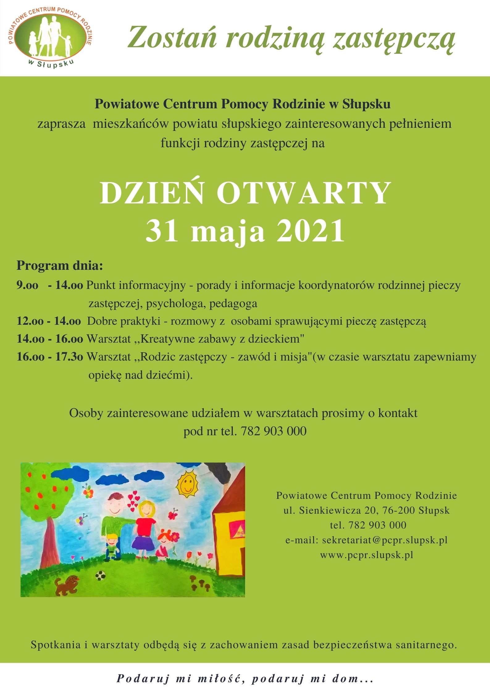 Ogłoszenie o dniu otwartym w PCPR w Słupsku podczas, którego odbędą się warsztaty dla osób zainteresowanych pełnieniem funkcji rodzin zastępczych