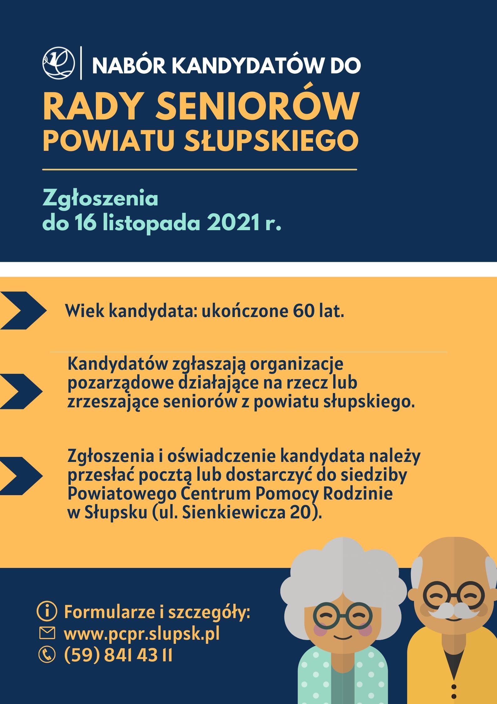 Plakat przedstawiający informację o trwającym do 16 listopada 2021r. naborze do Rady Seniorów Powiatu Słupskiego 