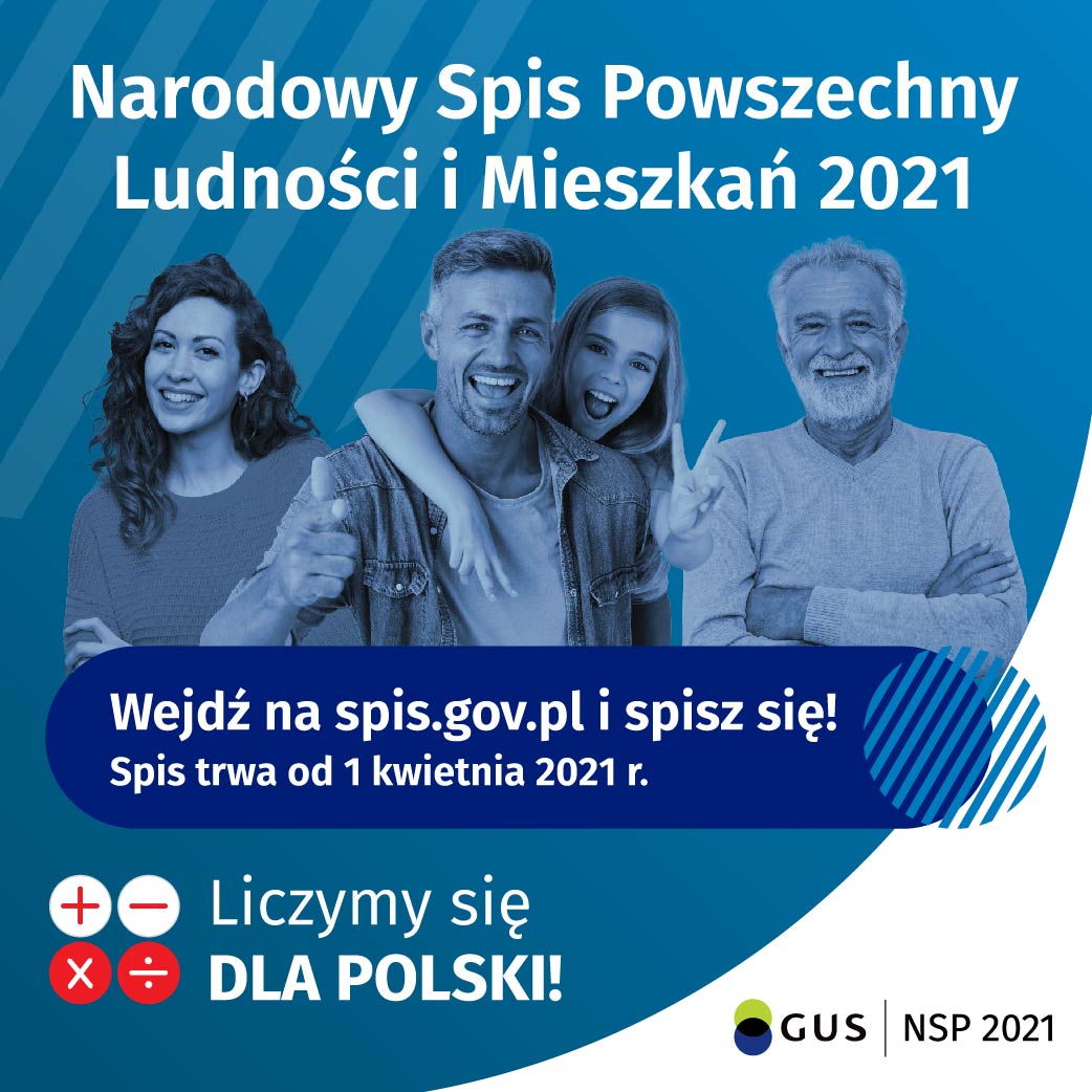 Plakat informujący o Narodowym Spisie Powszechnym Ludności i Mieszkań 2021 - otwiera link do strony spis.gov.pl